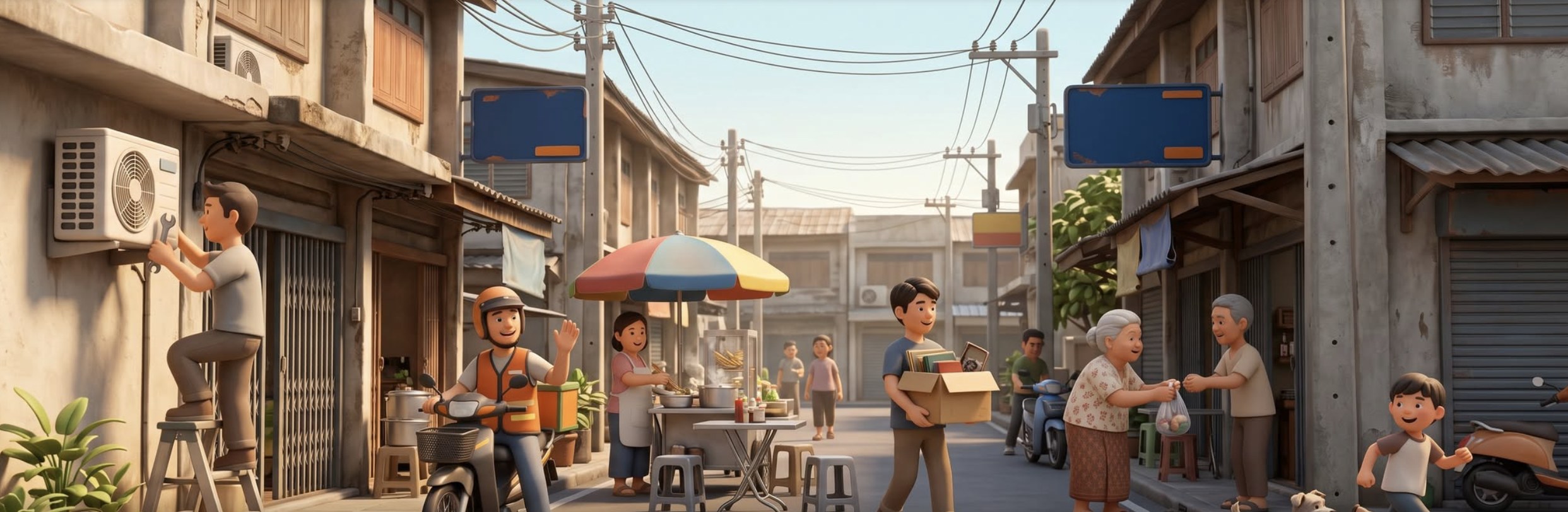 Illustration of a Thai neighborhood: shops, tradespeople and neighbors helping each other